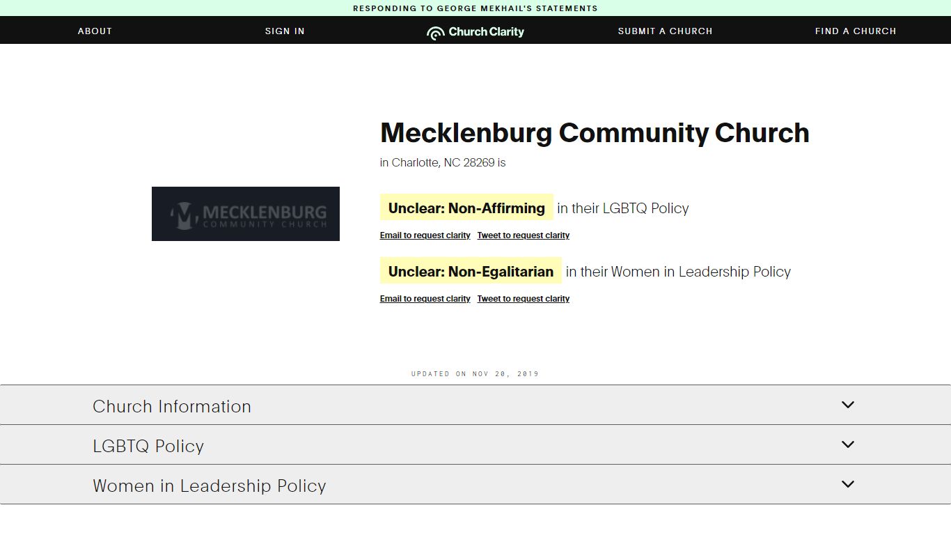 Mecklenburg Community Church on ChurchClarity.org